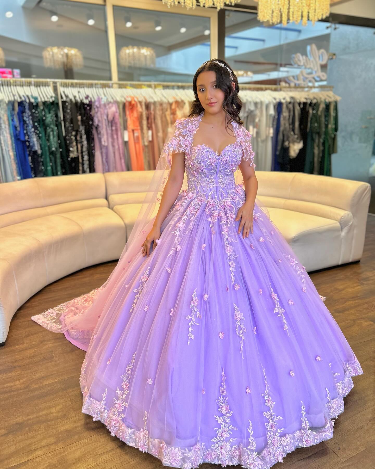 Lilac Tulle Quinceanera Dress Strapless Ball Gown with Floral Appliques & Detachable Shawl for Sweet 16 Birthday & Evening Events