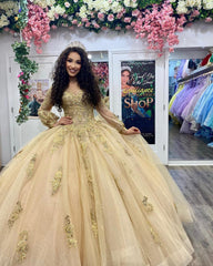 Exquisite Off-Shoulder Ball Gown Long Sleeve Lace Applique Beaded Tulle Quinceanera Dress for Sweet 16 & Formal Evenings