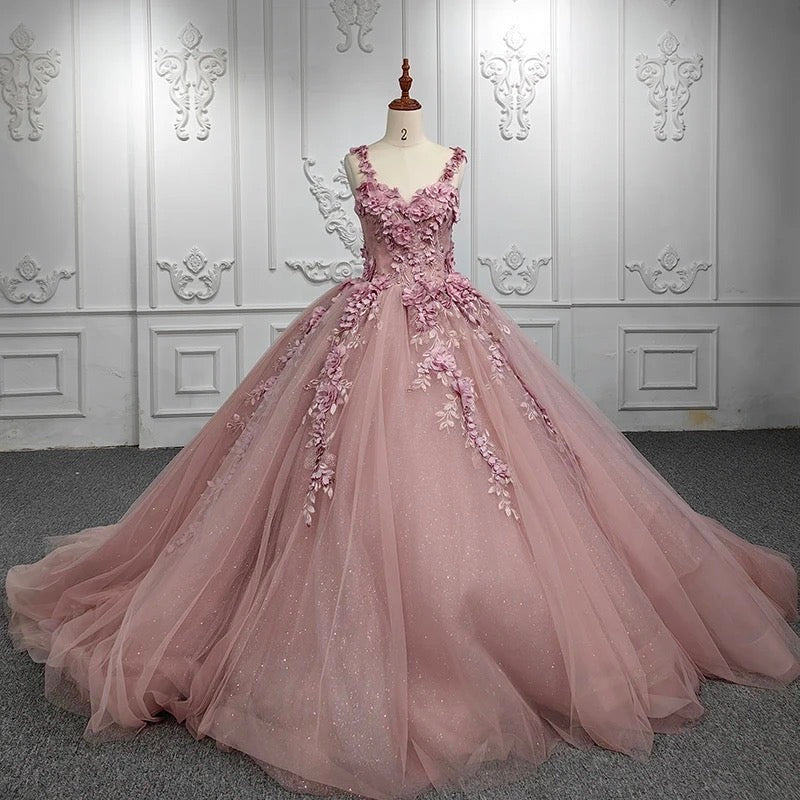 Ball Gown with Off-Shoulder Straps & 3D Floral Lace Appliques Rose Pink Tulle Quinceanera Dress for Sweet 16