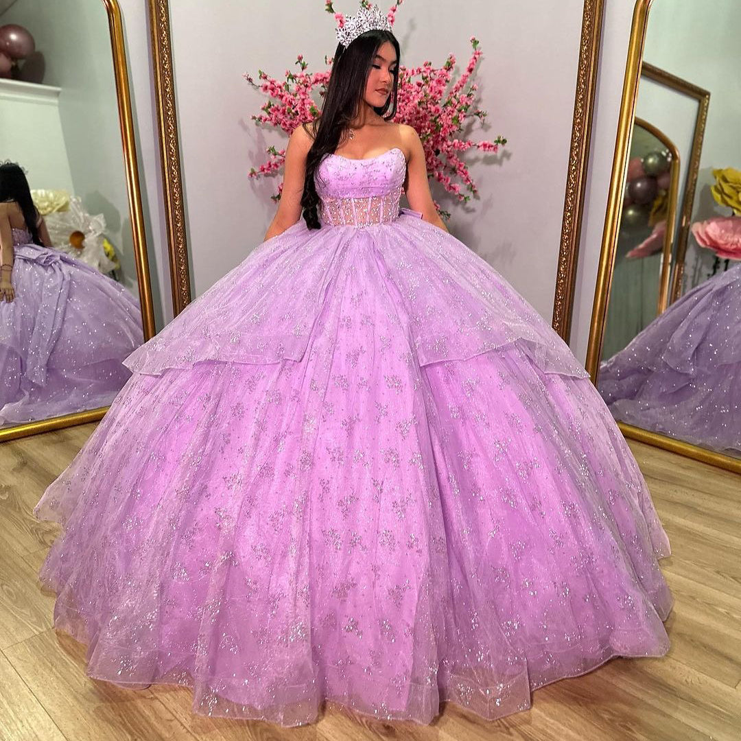 Strapless Lilac Tulle Quinceanera Dress Tiered Ball Gown with Bow Detail for Sweet 16 & Princess Evening Parties