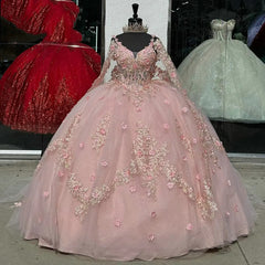 Ball Gown Off-Shoulder Long Sleeve 3D Floral Lace Applique Beaded Pink Tulle Quinceanera Dress Princess Evening Gown for Sweet 16 & Special Occasions