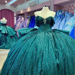 Emerald Green Quinceanera Ball Gown Off-Shoulder Sparkle Tulle Dress with Tiered Ruffles for Sweet 16 & Princess Parties