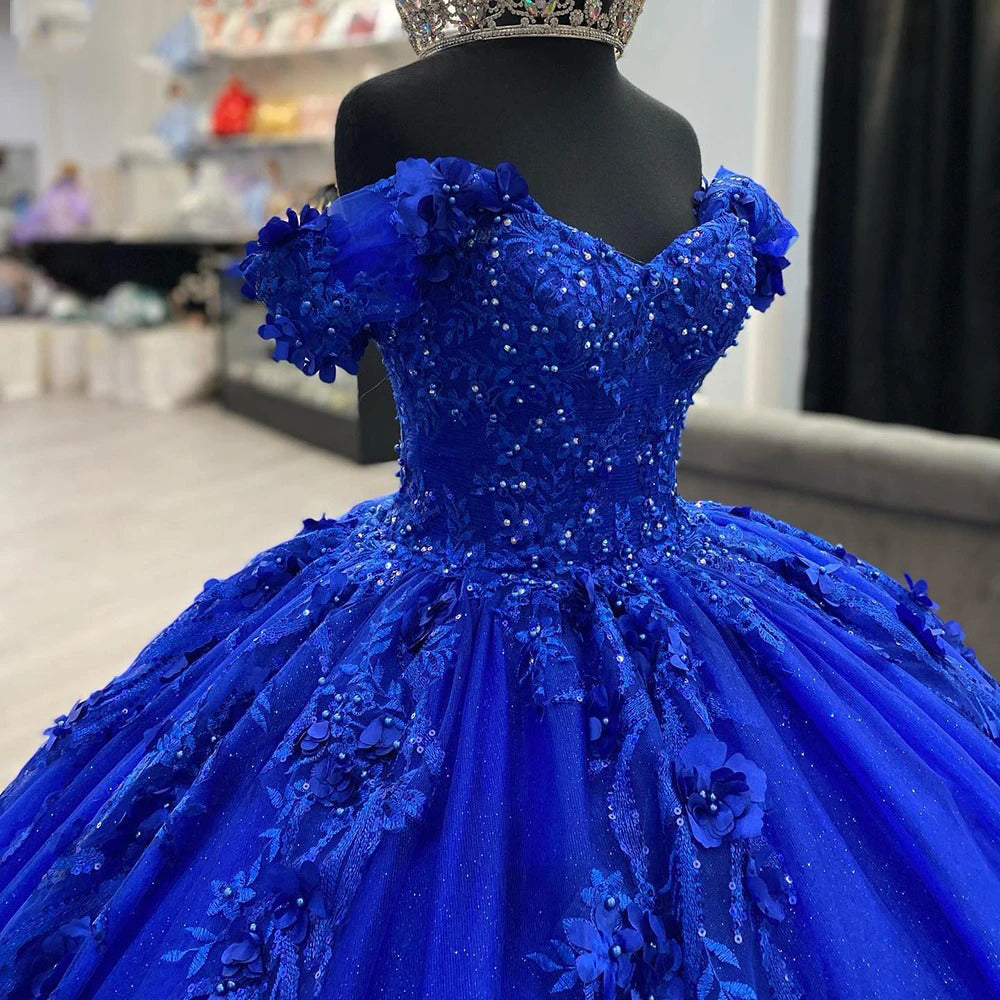 Royal Blue Off-Shoulder Ball Gown Lace & Beaded Quinceanera Dress for Sweet 16 & Prom