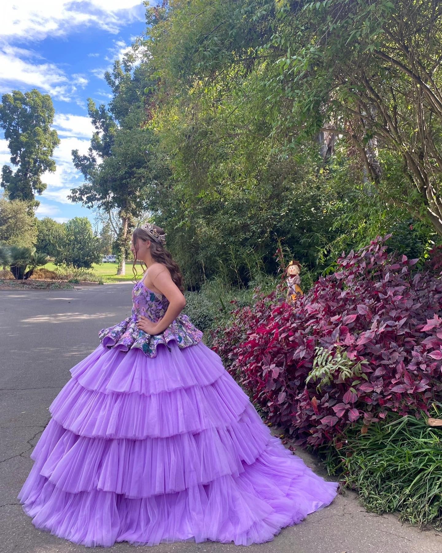 Lavender Tulle Quinceanera Dress Strapless Ball Gown with Floral Appliques & Tiered Skirt for Sweet 16