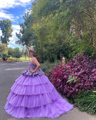 Lavender Tulle Quinceanera Dress Strapless Ball Gown with Floral Appliques & Tiered Skirt for Sweet 16