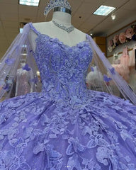 Lavender Ball Gown with Sweetheart Neckline Long Sleeves & 3D Butterfly Lace Appliques Beaded Tulle Quinceanera Dress for Sweet 16