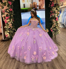 Lilac Ball Gown with Off-Shoulder Neckline 3D Floral Appliques & Sequins Princess Quinceanera & Sweet 16 Formal Dress