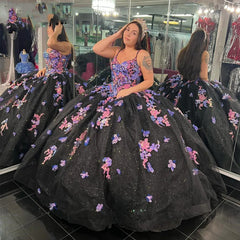 Black Tulle Quinceanera Dress Sweetheart Neckline with 3D Floral Lace & Beaded Appliques for Sweet 16 & Birthday Parties