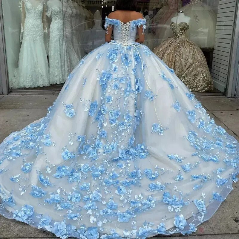 Sky Blue Quinceanera Dress Off-Shoulder Ball Gown with 3D Floral Appliques Beaded Details & Long Train for Sweet 16 or Prom