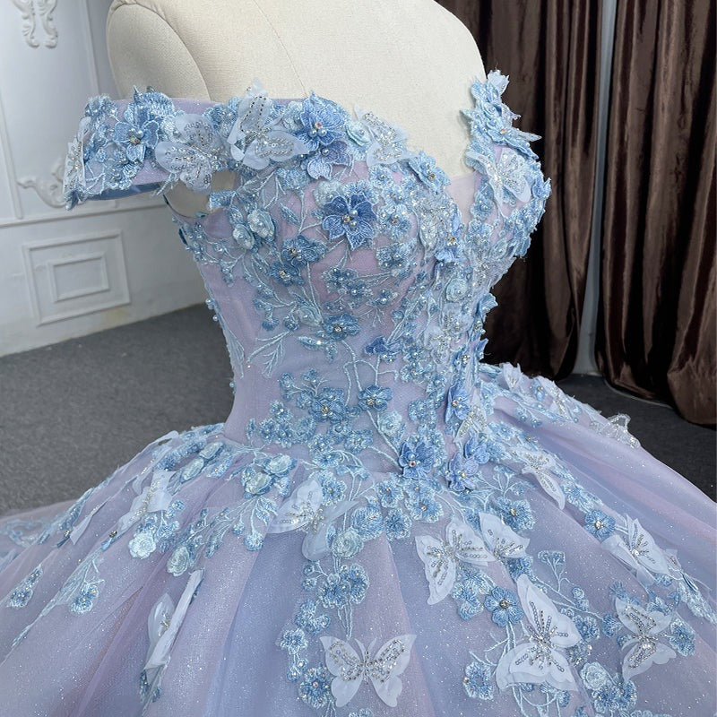 Lavender Quinceanera Dress Off-Shoulder Ball Gown with 3D Butterfly Lace Appliques & Lace-Up Corset
