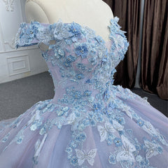 Lavender Quinceanera Dress Off-Shoulder Ball Gown with 3D Butterfly Lace Appliques & Lace-Up Corset