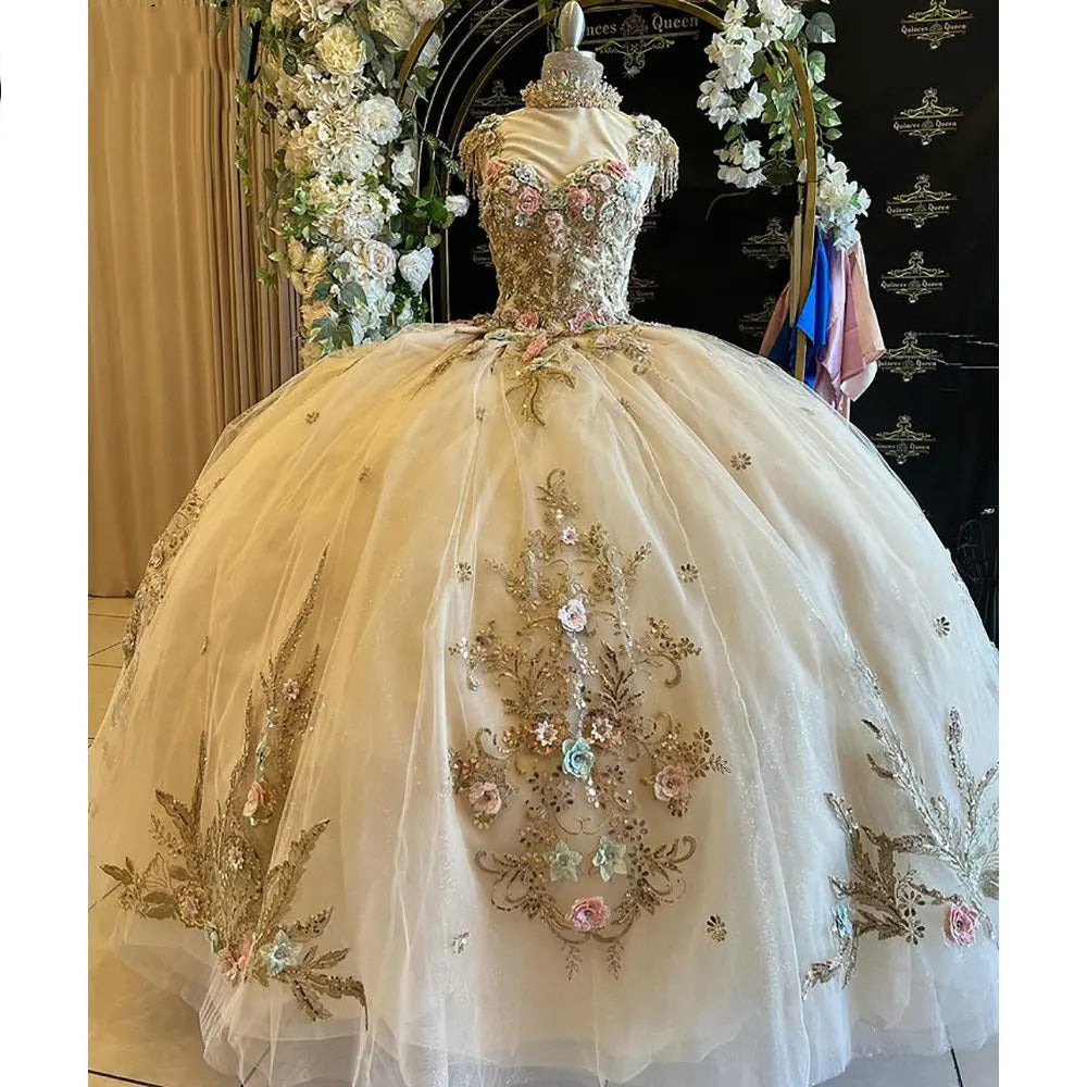 Champagne Tulle Quinceanera Dress Sweetheart Ball Gown with 3D Floral Lace & Beaded Bow for Sweet 16 & Birthday Galas