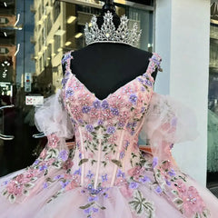 Pink Tulle Quinceanera Dress V-Neck Ball Gown with Floral Lace Beaded Ruffles & Bow Detail for Sweet 16