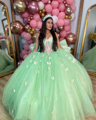 Mint Green Ball Gown with Sweetheart Neckline 3D Butterfly Appliques and Bow Detail Perfect for Quinceanera & Evening Galas