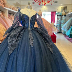 Navy Blue Tulle Quinceanera Dress Off-Shoulder Ball Gown with Lace Appliques & Tiered Ruffles for Sweet 16 & Princess Parties