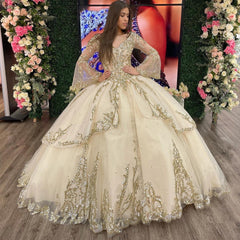 Champagne Tiered Tulle Quinceanera Dress Sweetheart Ball Gown with Long Sleeves Sequins & Beaded Appliques for Sweet 16 & Evening Galas