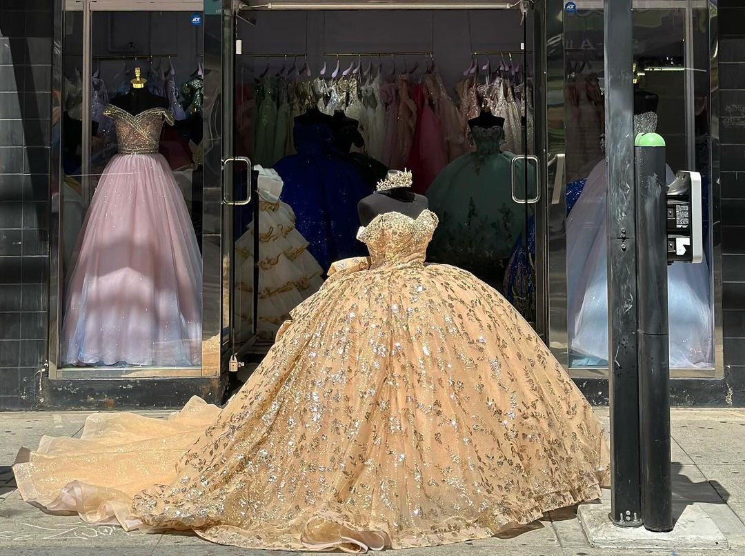 Luxury Champagne Ball Gown Off-Shoulder Sequined Beaded Tiered Tulle Dress for Quinceanera Sweet 16 & Evening Galas