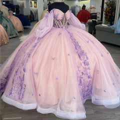 Exquisite Pink Tulle Quinceanera Dress Off-Shoulder Ball Gown with 3D Butterfly Appliques & Beaded Detailing for Sweet 16