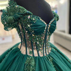 Emerald Green Off-Shoulder Ball Gown Floral Lace Applique Sweep Train Quinceanera Dress for Sweet 16 & Princess Galas