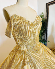 Gold Satin Quinceanera Dress Off-Shoulder Ball Gown with Intricate Appliques for Sweet 16