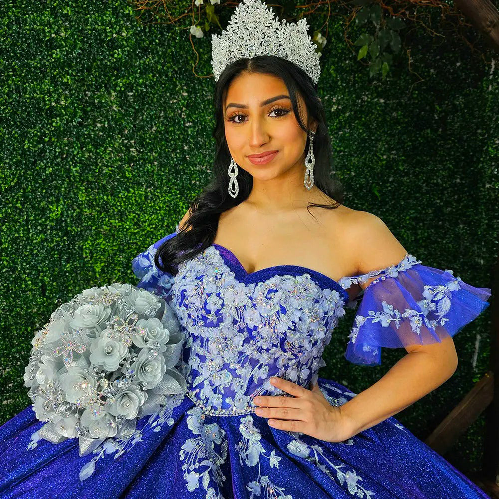 Royal Blue Ball Gown Off-Shoulder Floral Lace & Beaded Tulle Quinceanera Dress for Sweet 16 & Princess Evening Parties