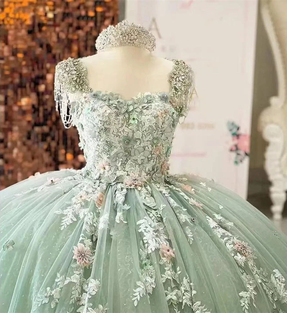 Exquisite Mint Green Ball Gown Strapless 3D Floral Applique Sweep Train Tulle Quinceanera Dress for Sweet 16