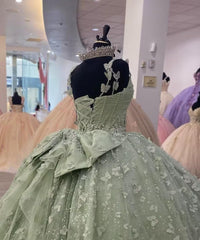 Sage Green Ball Gown Sweetheart Neckline with 3D Butterfly Lace Appliques & Tulle Skirt for Quinceanera or Sweet 16