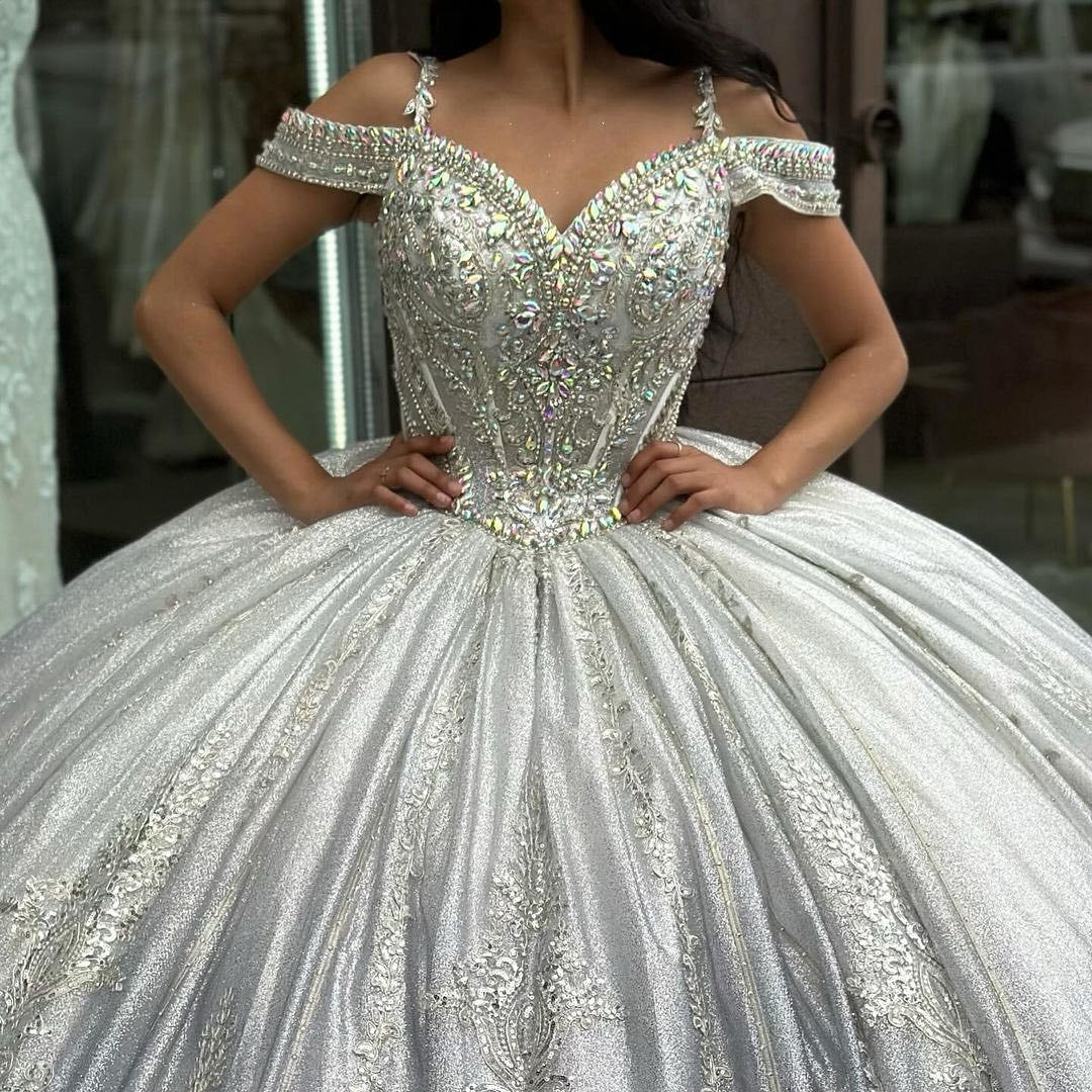 Silver Ball Gown Off-Shoulder Beaded Lace Applique Quinceanera Dress with Sweep Train for Sweet 16 & Princess Parties