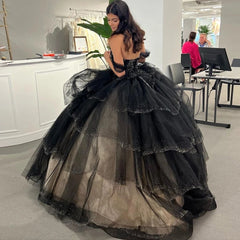 Black Tulle Quinceanera Dress Off-Shoulder Lace Ball Gown with Ruffled Tiered Skirt for Sweet 16 & Prom
