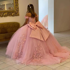 Exquisite Off-Shoulder Pink Tulle Quinceanera Dress with Lace Appliques & Beaded Details for Sweet 16
