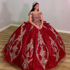Off-Shoulder Red Tulle Quinceanera Dress Cap Sleeve Lace Applique Ball Gown for Sweet 16 Prom & Birthday Parties