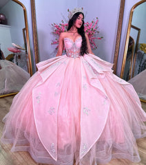 Ball Gown with Sweetheart Neckline Lace Flower Appliques Tiered Ruffles and Pink Tulle for Quinceanera Sweet 16 & Formal Evenings