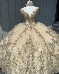 Champagne Ball Gown Off-Shoulder Lace & Beaded Tiered Tulle Quinceanera Dress for Sweet 16 & Birthday Celebrations
