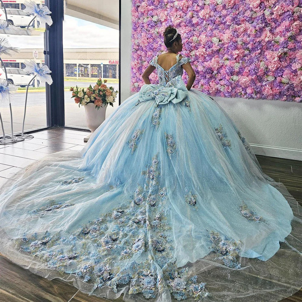 Exquisite Sky Blue Ball Gown Off-Shoulder Beaded Tulle Quinceanera Dress with Floral Appliques for Princess Birthday & Sweet 16 Celebrations
