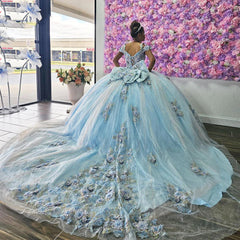 Exquisite Sky Blue Ball Gown Off-Shoulder Beaded Tulle Quinceanera Dress with Floral Appliques for Princess Birthday & Sweet 16 Celebrations