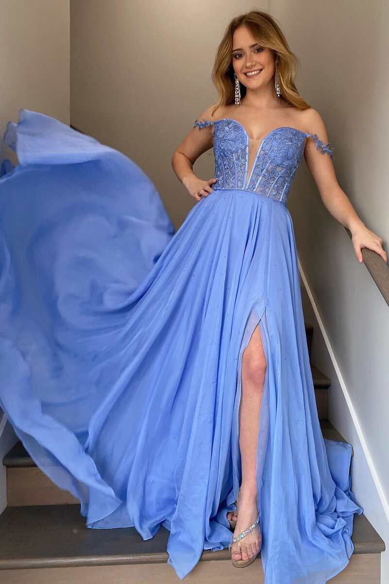 Newinlook Blue Sweetheart Off-The-Shoulder Split Tulle Evening Dress With Appliques
