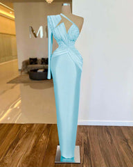 Long Sleeve One Shoulder Long Formal Dress With Pleated Appliques