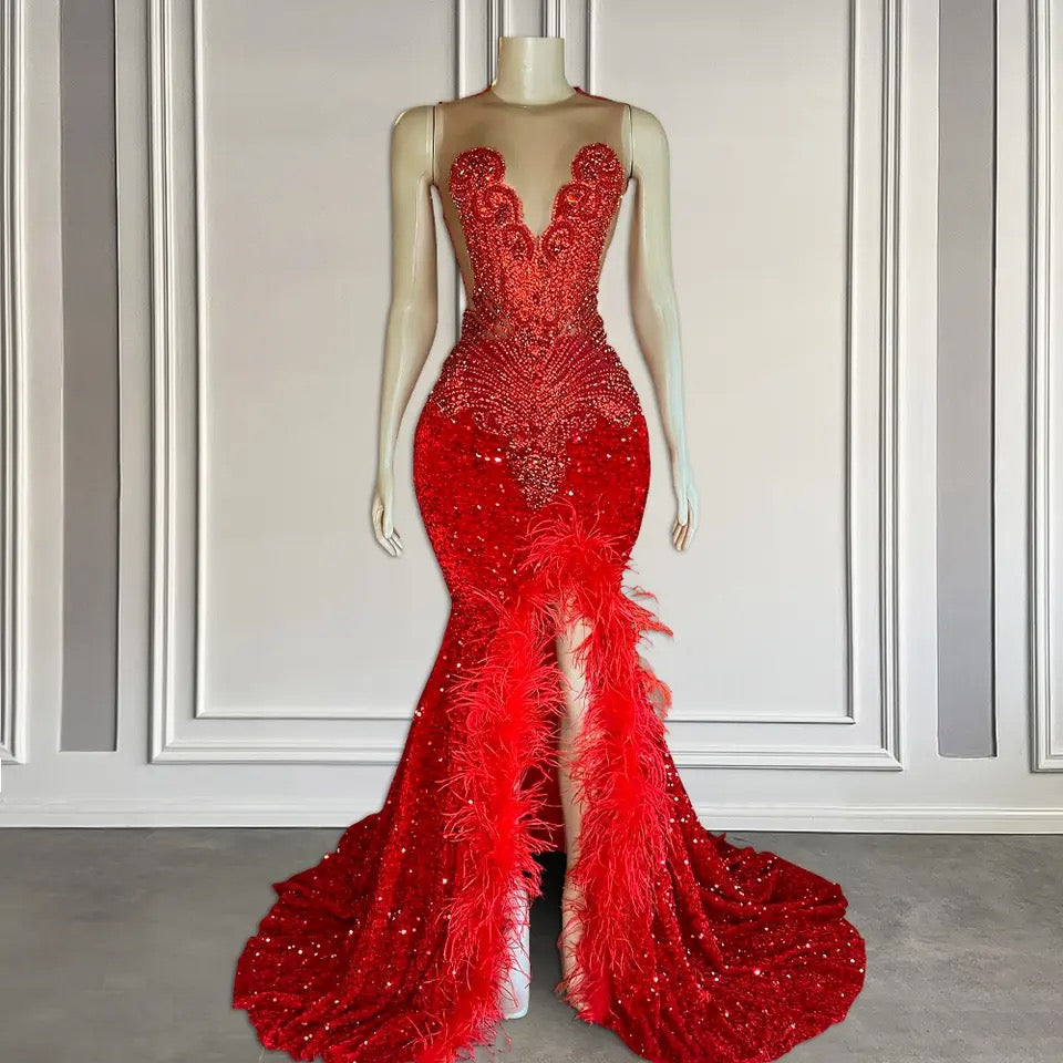 Red Sleeveless Sequins Mermaid Prom Dresses with Front Slit Beadings and Feathers