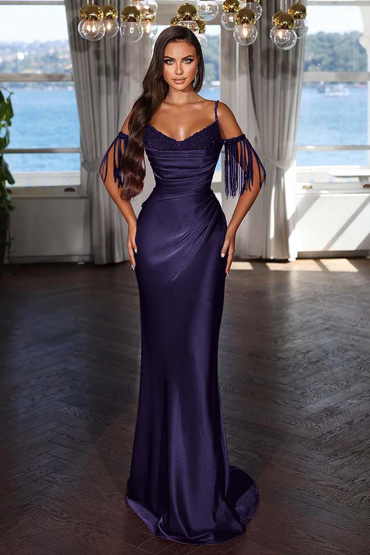 Newinlook Luxury Hot Pink Spaghetti Strap Mermaid Long Evening Dress With Chic Tassels and Sequins