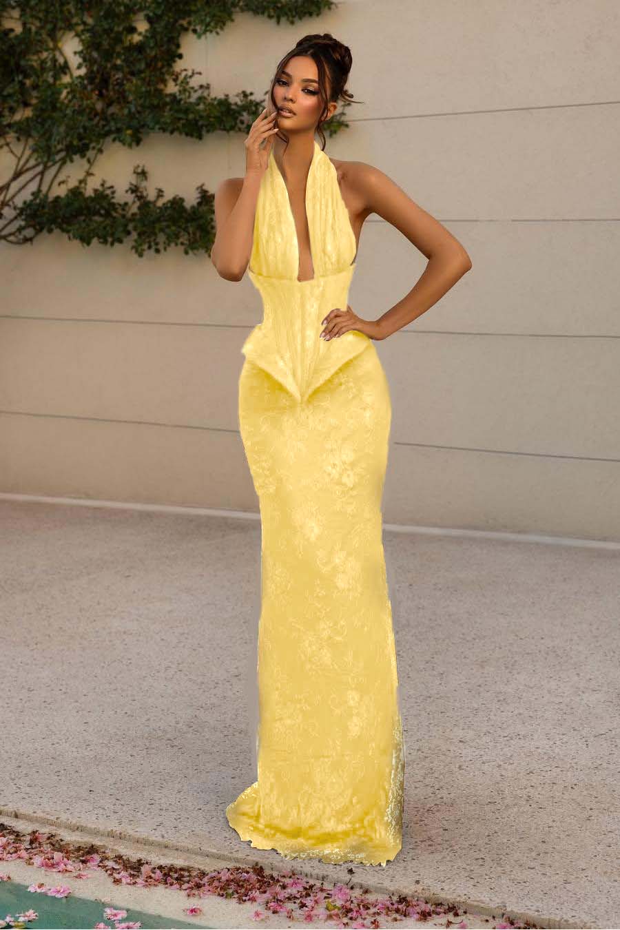 Halter V Neck Sleeveless Long Mermaid Formal Dress With Appliques