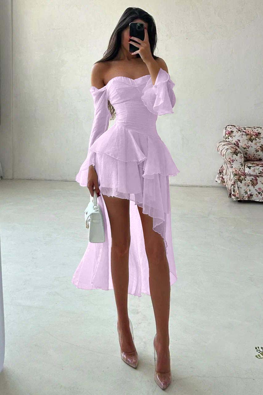 Strapless Long Sleeves Off the Shoulder Short Formal Dress With Ruffles