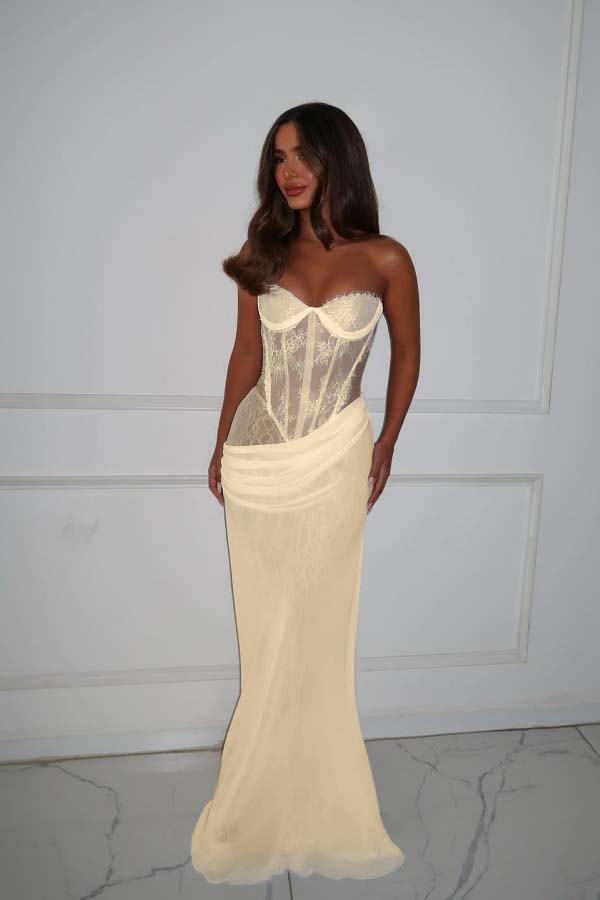 Strapless Sleeveless Long Mermaid Formal Dress With Lace Pleated