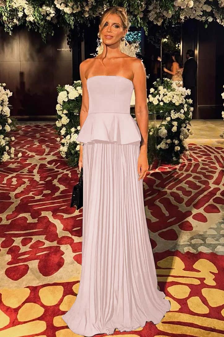 Black Sleeveless Strapless Long Formal Dress With Pleated Ruffles
