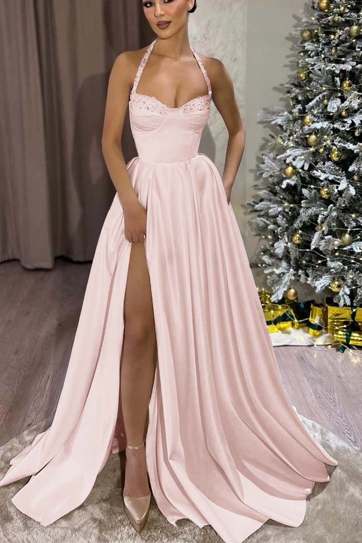Black Halter Sweetheart Sleeveless Long Formal Dress With Split