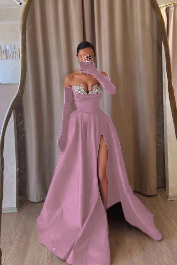 Strapless Sleeveless Long Split Formal Dress With Beading Long Gloves