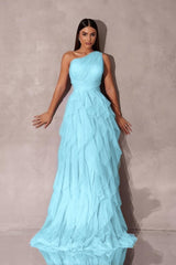 Chic One Shoulder Sleeveless Long Formal Dress With Tulle Ruffle