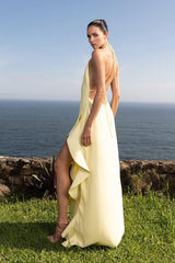 Halter Backless Sleeveless High Split Long Formal Dress With Ruffles