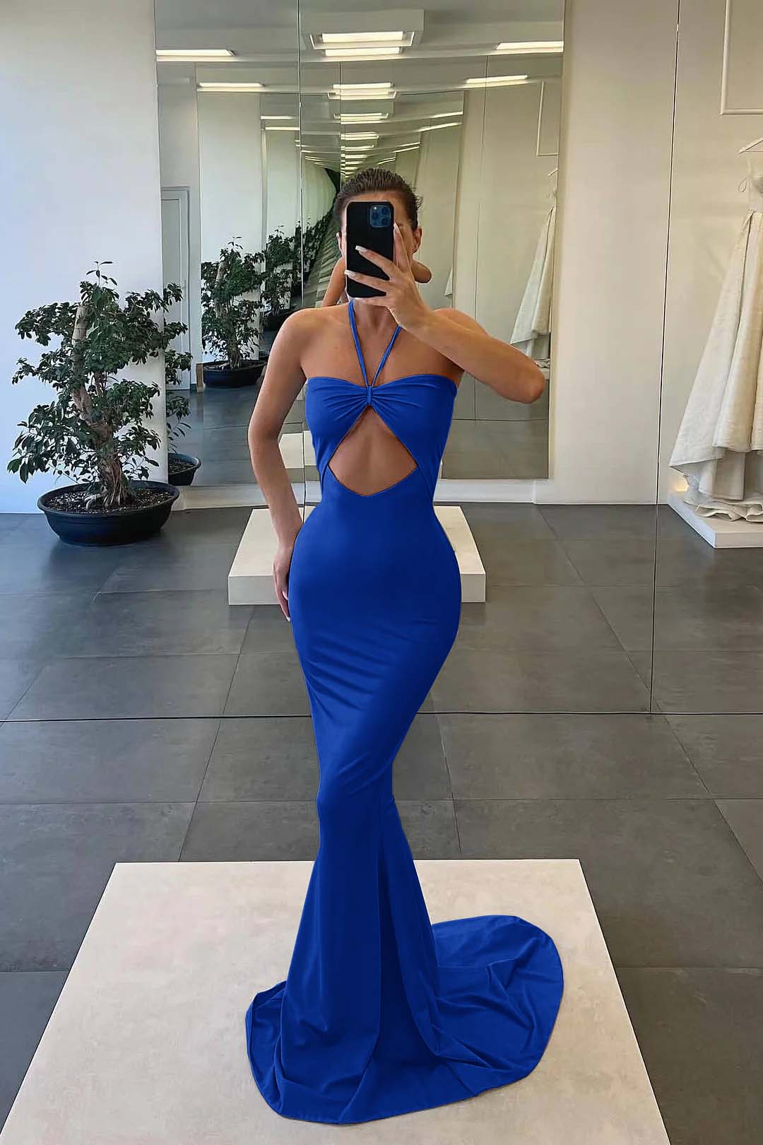 Newinlook Strapless Blue Mermaid Evening Dress With Sleeveless Halter