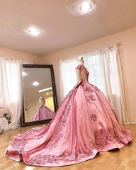 Pink Satin Quinceanera Dress Floral Lace Appliques Beaded Backless Design & Sweep Train for Sweet 16