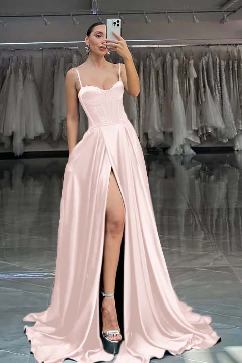 Spaghetti Strap Sleeveless Long Split Formal Dress With Pleated
